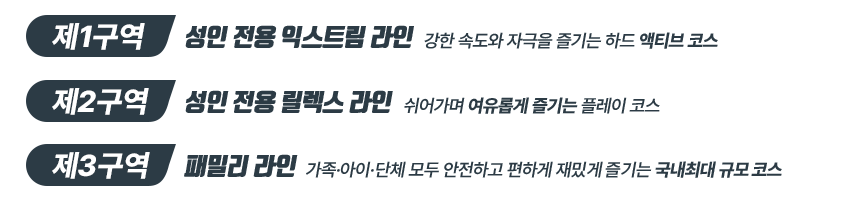 제1구역 : 성인 전용 익스트림 라인 - 강한 속도와 자극을 즐기는 하드 액티브 코스 / 제2구역 : 성인 전용 릴렉스 라인 - 쉬어가며 여유롭게 즐기는 플레이 코스 / 제3구역 : 패밀리 라인 - 가족,아이,단체 모두 안전하고 편하게 재밌게 즐기는 국내 최대 규모 코스
